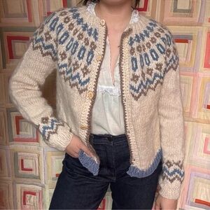 Nordic Cozy Cream/Blue Hand-Knit Cardigan